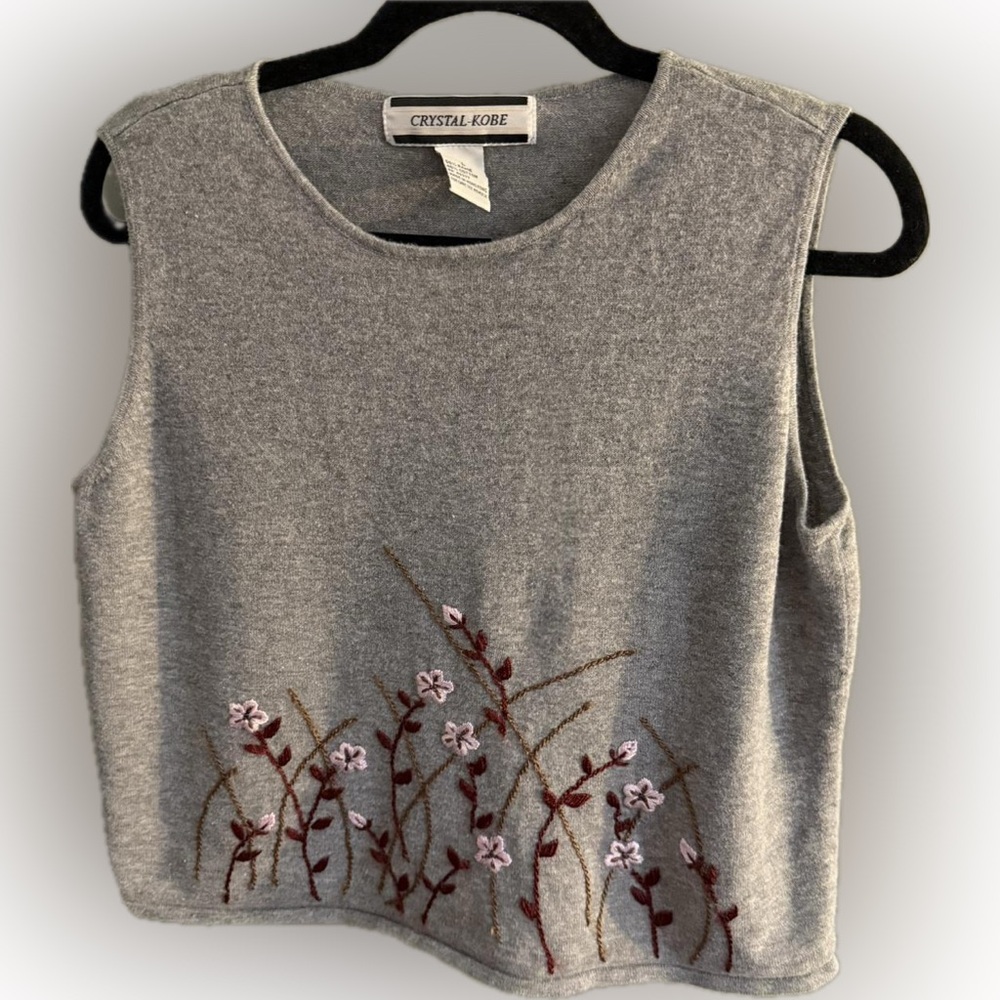 Vintage Crystal Kobe Embroidered Grey Sweater Tank Top